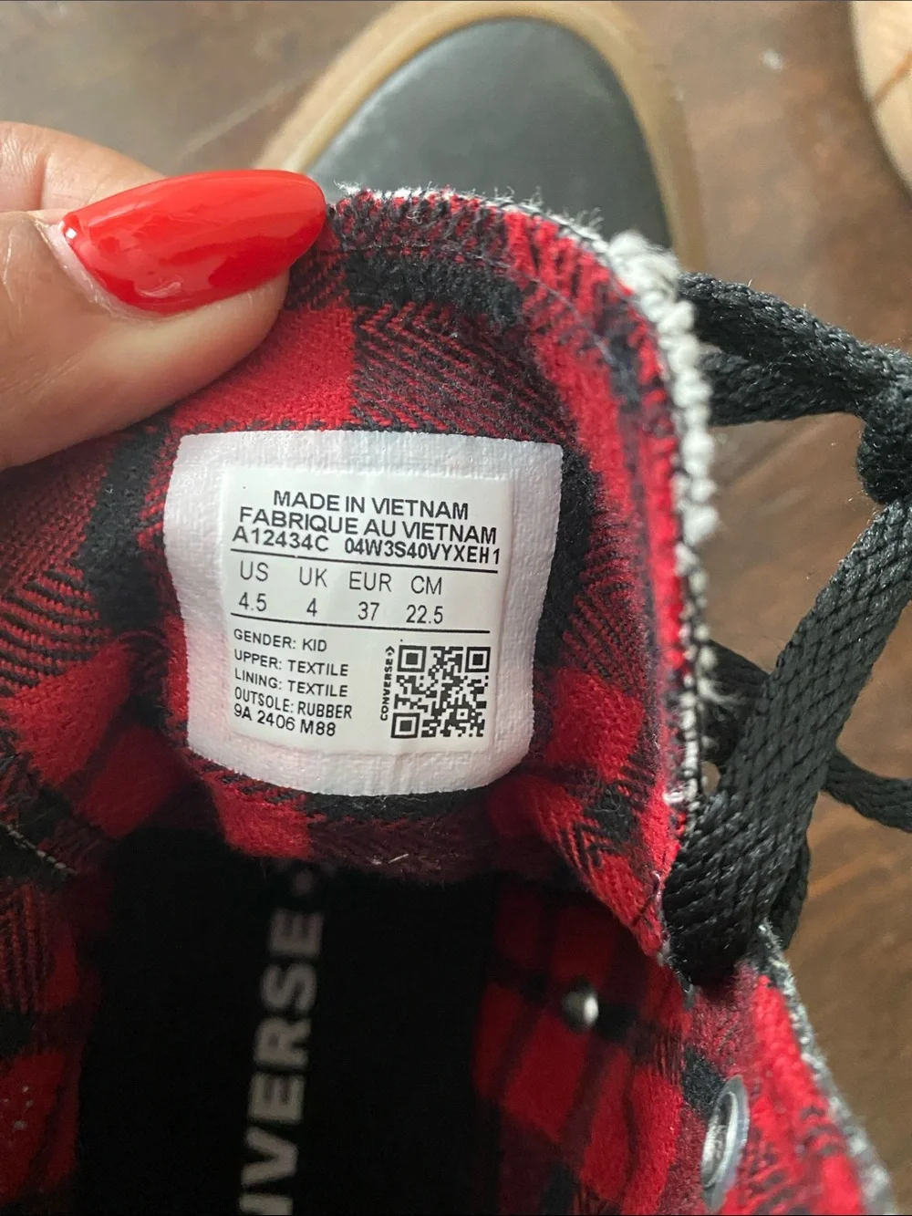 Converse Kids Black High-Top Sneakers with Red Plaid Lining